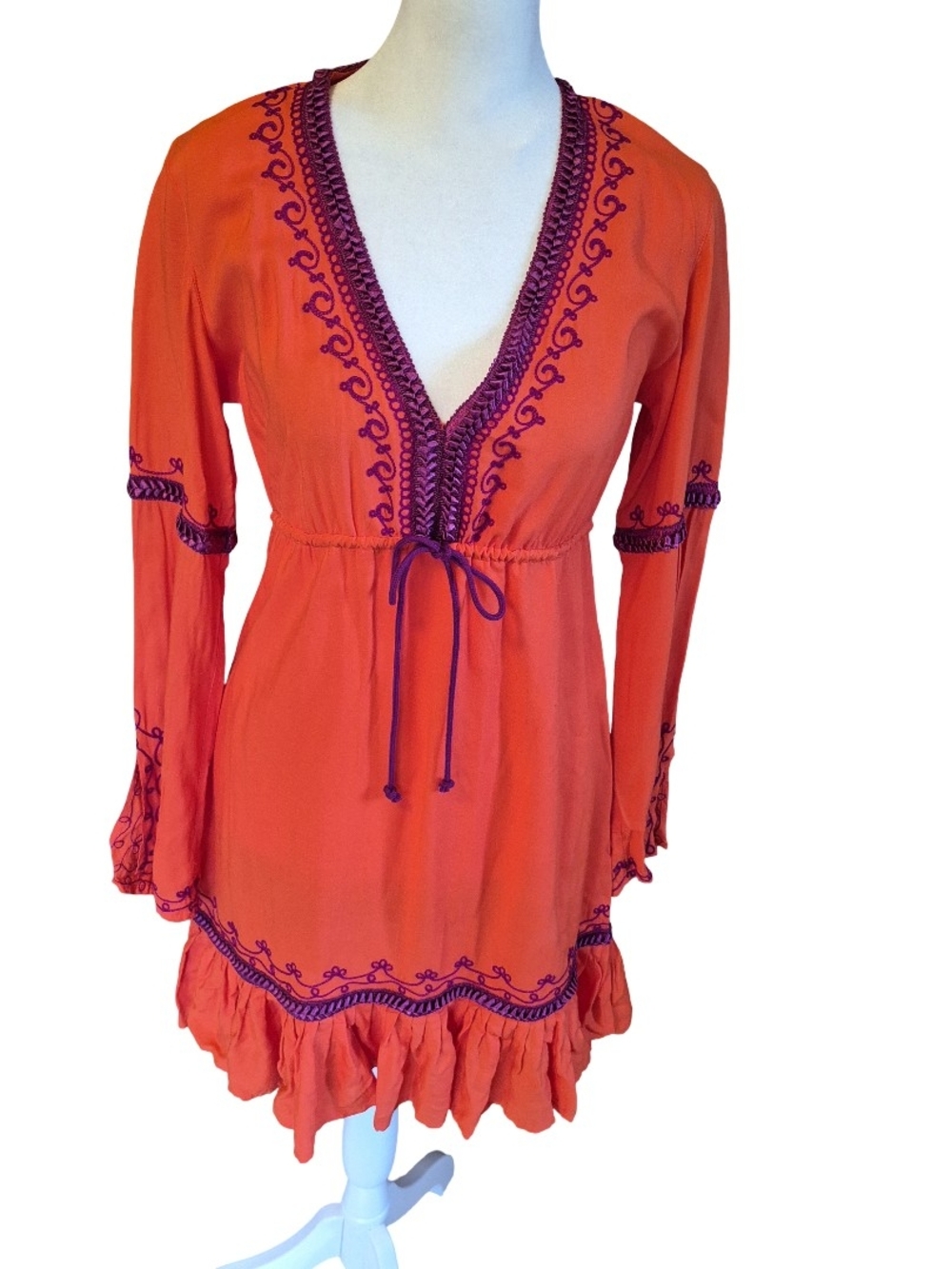 Moda International Orange Rayon Top with Fuchsia Embroidery Accents